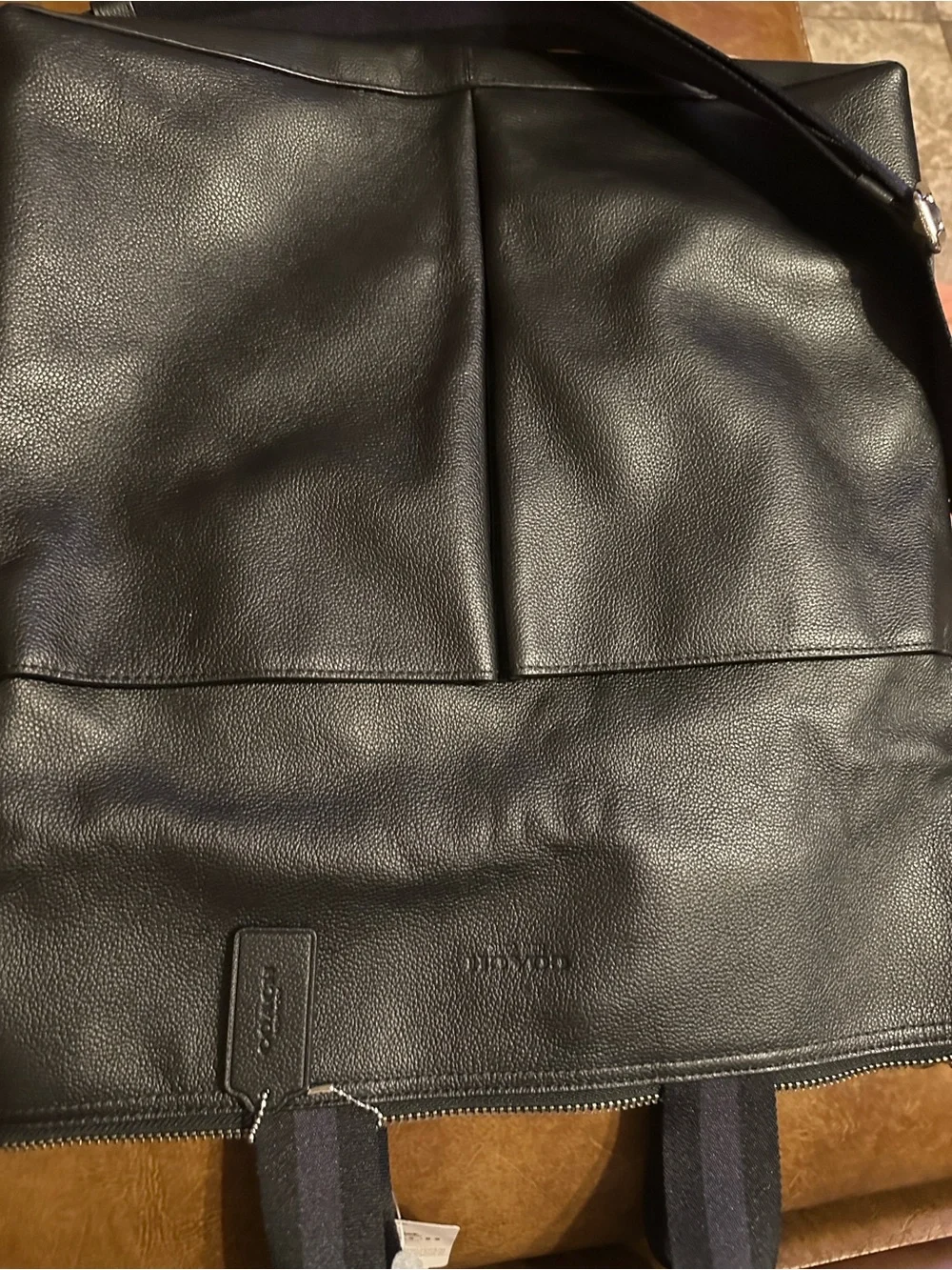 Black Leather Unisex Fold Over Tote with Dual Straps